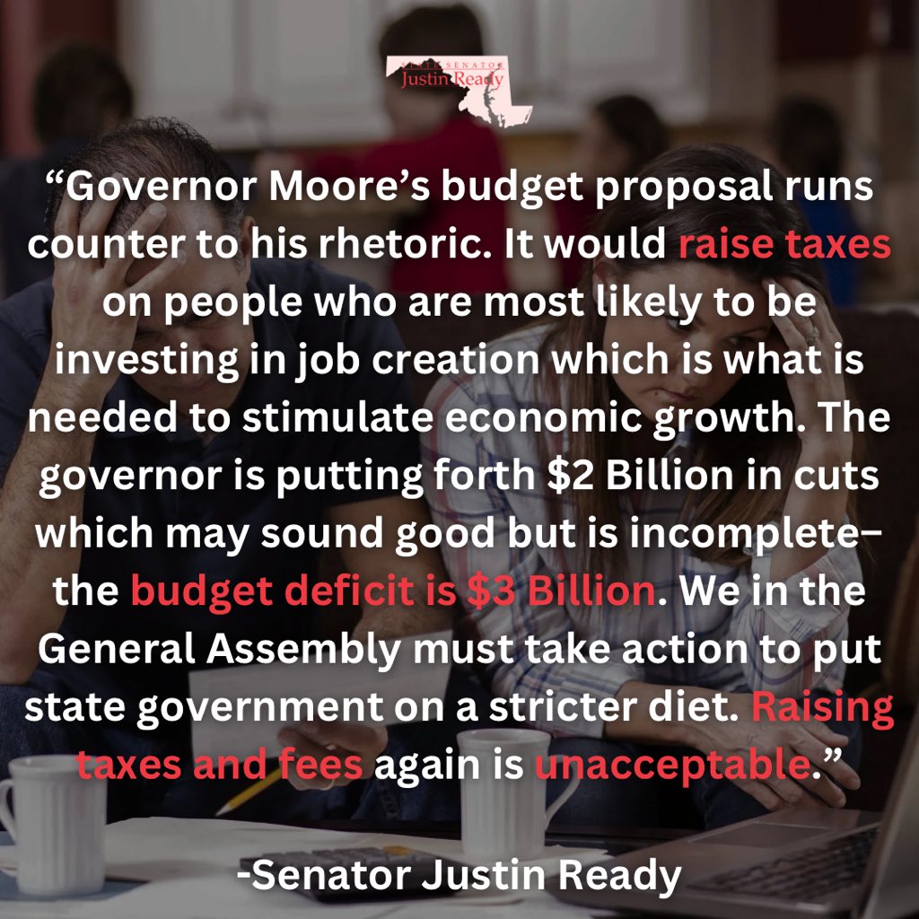 Gov. Moore’s budget is a bait and switch. Marylanders won’t be fooled - his proposal raises income taxes, massively increases death tax, double car emission testing fee, tax Amazon delivery and more. After 338 tax/fee increases already government needs the haircut not taxpayers.