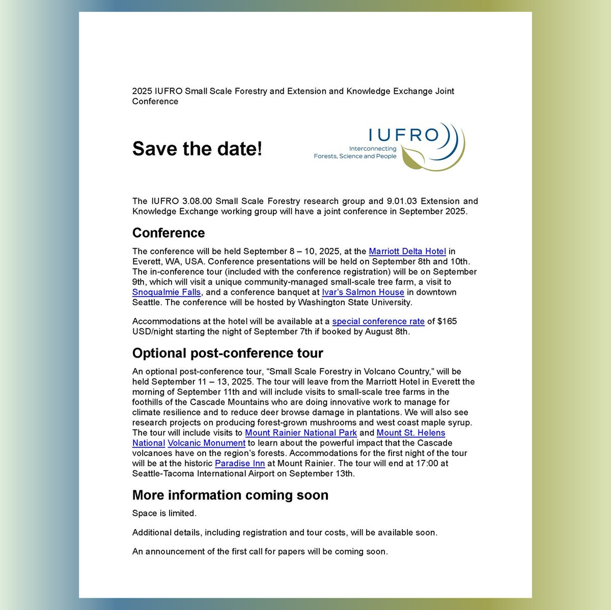 📢First Call for Papers for the

🌱2025 IUFRO Small Scale Forestry and Extension and Knowledge Exchange Joint Conference
🗓️8-10 September 2025; 📍Everett, WA, USA

⚡️Submission deadline: 12 February 2025

➡️iufro.org/iufro-news/fir…

#ForestScience #ForestResearch