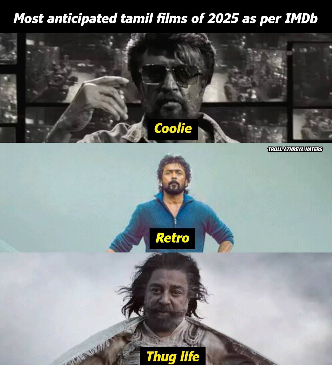AthreyaTroll1's tweet photo. Most anticipated tamil films of 2025 as per IMDb 🔥

1. #Coolie
2. #Retro
3. #ThugLife https://t.co/8mrCgb1bJ4