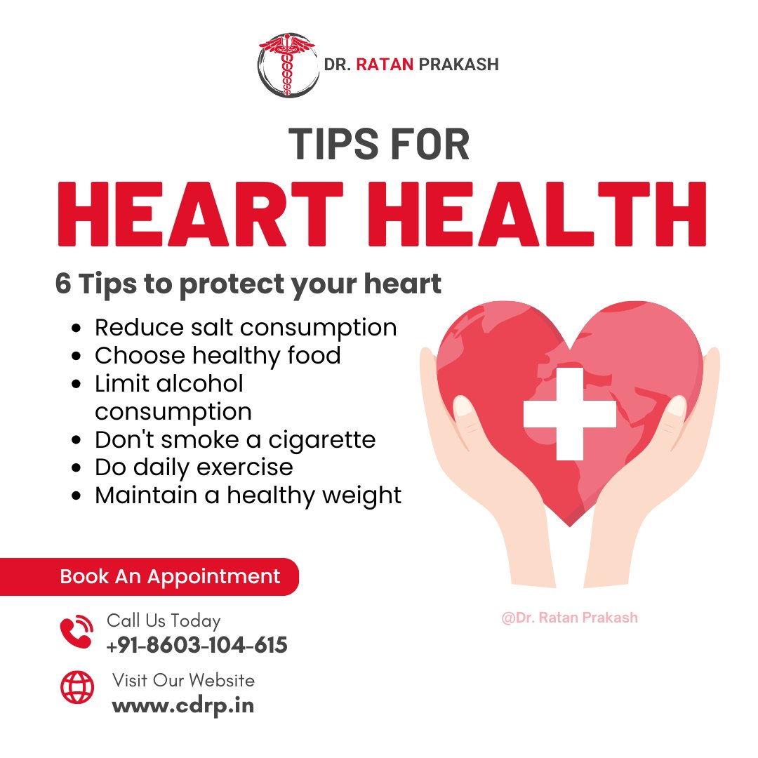 ratan_clinic's tweet photo. ❤️ Protect your heart with these 6 simple tips: reduce salt, choose healthy foods, limit alcohol, avoid smoking, exercise daily, and maintain a healthy weight. 💪

☎+91-9430-829-175
🌐https://t.co/6HLcmXF1Qn

#HeartHealth #HealthyLifestyle #HealthyHeartTips #StayActive #CDRP https://t.co/RGb4mQB98e