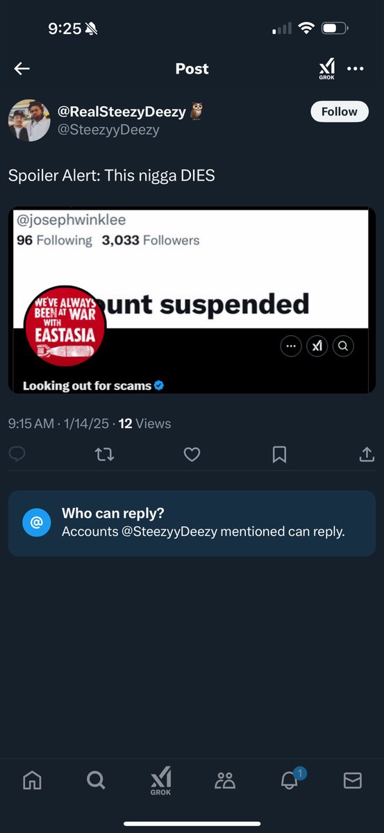 scamminghandles's tweet photo. I see that @SteezyyDeezy has resorted to death threats against me because I point out his scams and how many accounts he’s had suspended as a result of stealing money from people.

I don’t usually ask people to report posts or accounts, but in this case, I am making an exception. https://t.co/QTxHI9lG5J