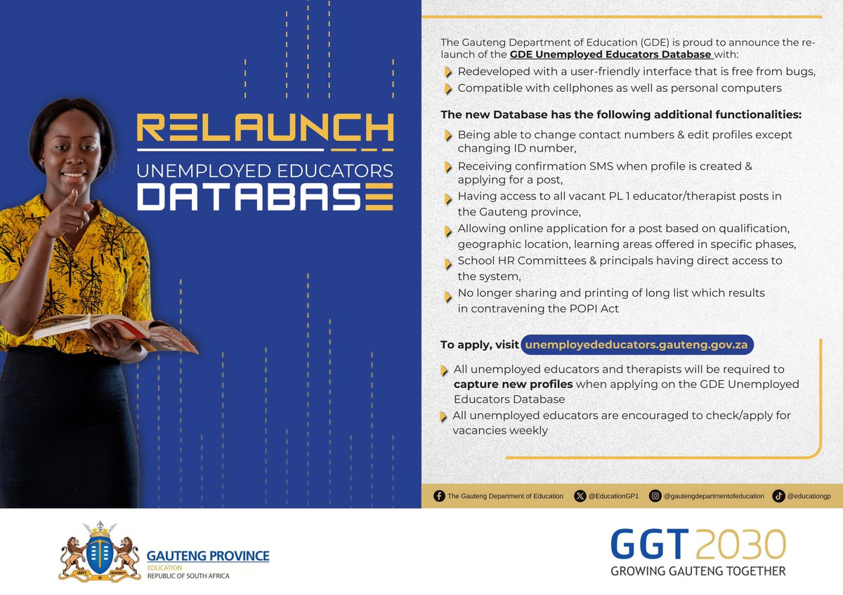 EducationGP1's tweet photo. 🚨 JOB OPPORTUNITY 🚨

The Unemployed Educators Database is now live and teaching posts have been advertised.

👉 Register here: https://t.co/ya2ZXLBEC9

Teaching posts will be advertised weekly. Don’t miss out!

#GrowingGautengTogether https://t.co/jb5vhjqhG2