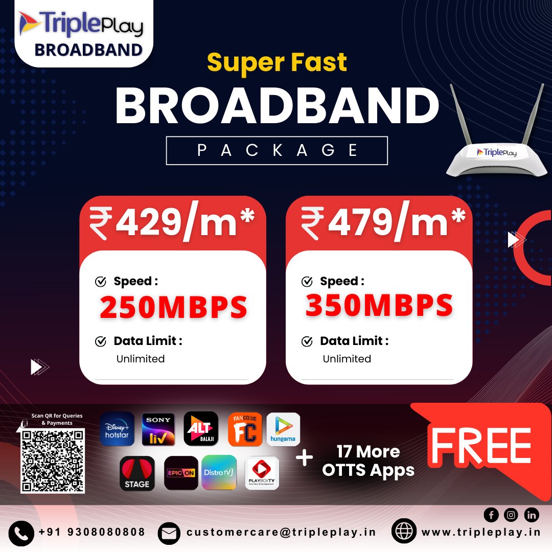 tripleplaygur08's tweet photo. 🚀 Experience the power of lightning-fast internet with TriplePlay Broadband! 🌐 Choose from our amazing packages #TriplePlay #BroadbandPlans #UnlimitedInternet #OTTApps #StreamAndChill #BlazingFastInternet #AffordableInternet #StayConnected https://t.co/S8TbMfeZRm