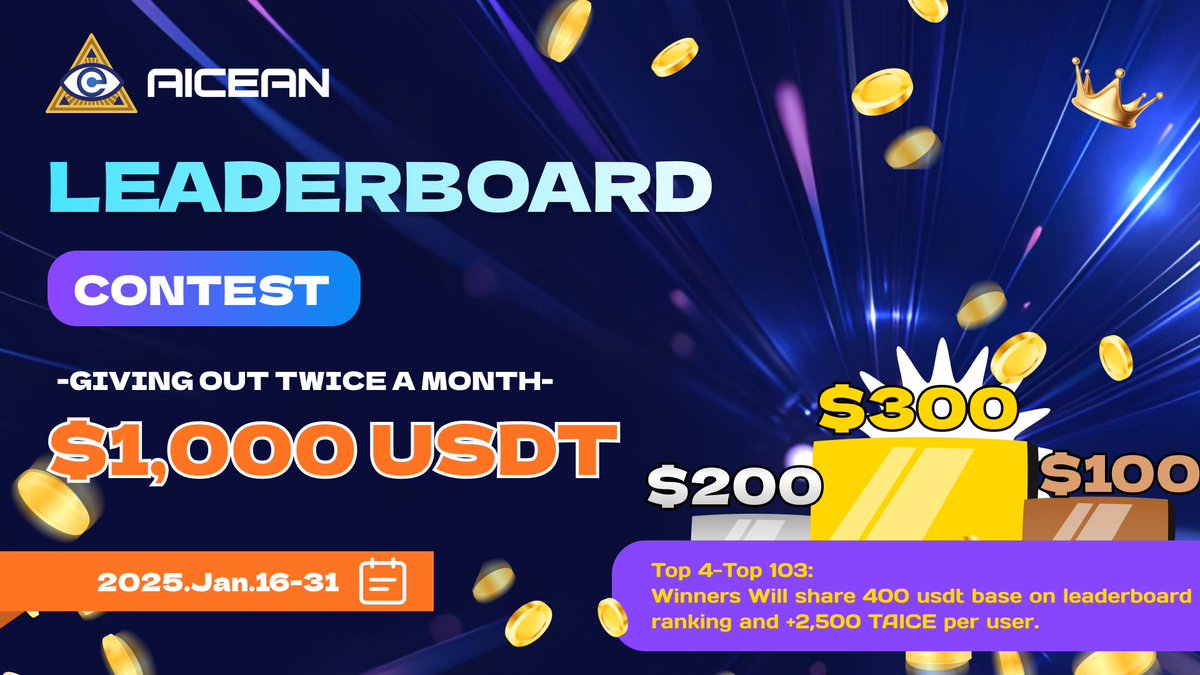Aicean_ai's tweet photo. 🎁🛎️The AICEAN Second half-January Event is now LIVE❗️
⏰: Jan 16 - Jan 31
💥How to Join:
1⃣Register for the offical website.
2⃣Complete Rerequisites and daily tasks to climb the leaderboard and win exclusive rewards.
3⃣Follow our Twitter for winner announcements!
🌟Don’t miss out—start earning now!
Event Link https://t.co/H8KQEXGWHL
Join TG Group https://t.co/2Df3iiBjvL
Leadboard https://t.co/L2kMgYPKKW
Good luck! 🍀 #Aicean #Airdrops #USDT #AI