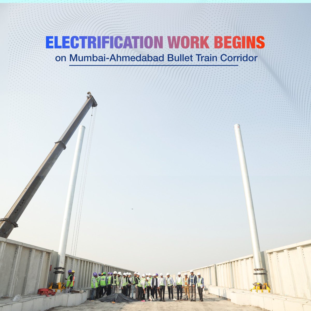 AshwiniVaishnaw's tweet photo. 🚄The first electrical masts (14m high) installed between Surat - Bilimora, for Bullet train project. https://t.co/S8DpuafBXh