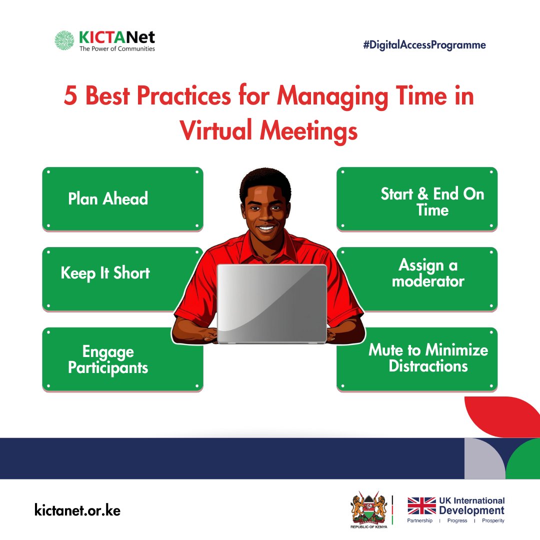 KICTANet's tweet photo. ⏰ Are you struggling to keep virtual meetings on track? Here are 5 best practices to keep your meetings efficient and productive:
✅ Plan ahead
✅ Start & end on time
✅ Assign a moderator
✅ Engage participants
✅ Mute to minimize distractions
Take control of your virtual meeting time today! 
@UKinKenya  #DigitalAccessProgramme