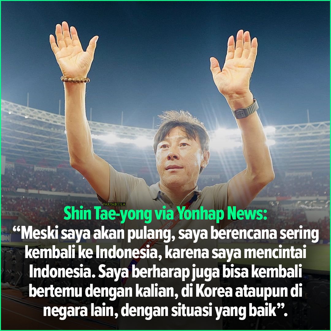 FaktaSepakbola's tweet photo. Shin Tae-yong: "Saya bangga dengan diri saya, karena membangun banyak fondasi sepakbola Indonesia, jadi saya bisa pulang dengan rasa bangga. Di balik itu, banyak yang telah mendukung saya dengan antusias, saya berada di sini & saya yakin akan pulang dengan senyuman."

"Meski saya akan pulang, saya berencana akan sering kembali ke Indonesia, karena saya mencintai Indonesia. Saya berharap juga bisa kembali bertemu dengan kalian, di Korea ataupun di negara lain, dengan situasi/vibes yang baik".

📝 Yonhap News

Scene suatu hari nanti, Indonesia away ke Korsel dan Shin Tae-yong menonton 🥺