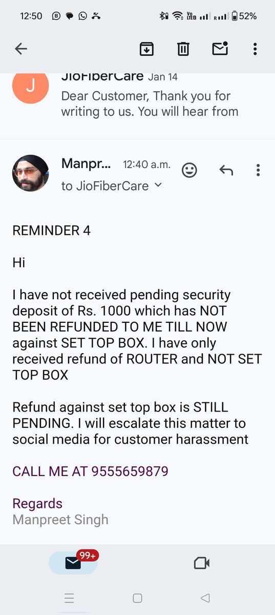 ManSing08's tweet photo. @JioCare Screenshot of reminder emails https://t.co/TqmSFHIJ7X