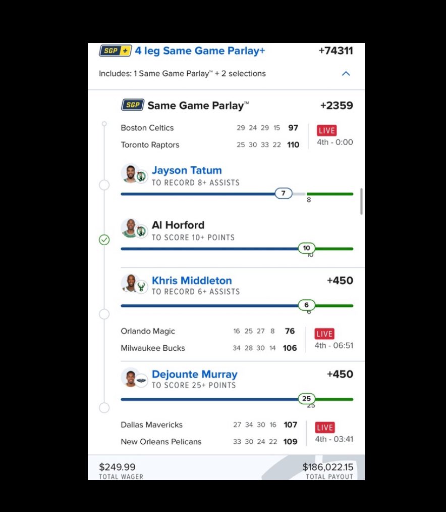 🤮🚨BAD BEAT ALERT🚨🤮

$249.99 ➡️ $186,000 🪝 

1 Tatum assist away and yes they took an assist away 😔 

@notthefakeSV <a href="/SportsCenter/">SportsCenter</a> <a href="/nbastats/">NBA.com/Stats</a> <a href="/PatMcAfeeShow/">Pat McAfee</a> <a href="/DariusJButler/">Darius Butler</a> <a href="/tyschmit/">Ty Schmit</a> <a href="/BostonConnr/">Football</a> <a href="/br_betting/">br_betting</a> <a href="/DerekBrunson/">Derek Brunson</a>