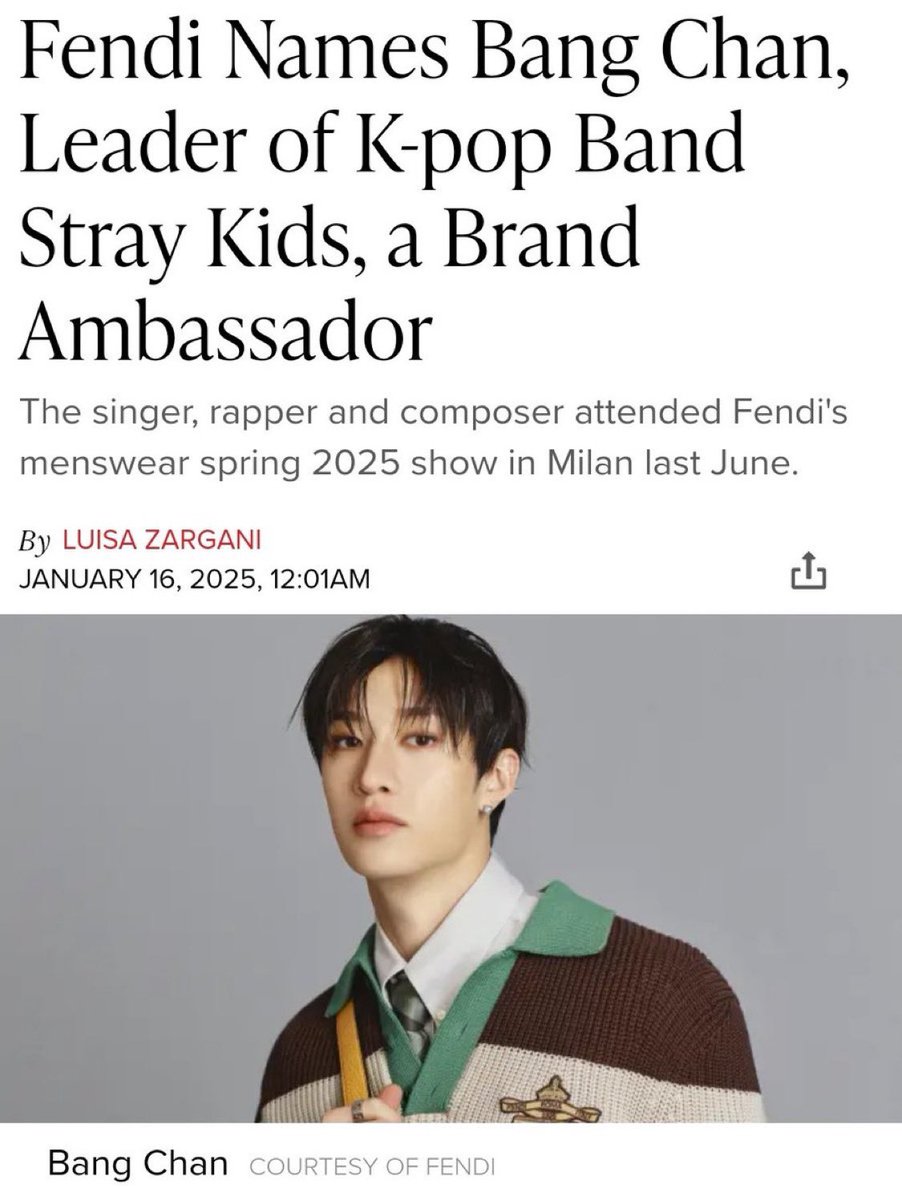 📰 [250116] Bang Chan has been CONFIRMED the new Fendi Brand Ambassador.

BANG CHAN FENDI AMBASSADOR 
#BANGCHANxFENDI
#BangChanFendiAmbassador 
@fendi <a href="/Stray_Kids/">Stray Kids</a>

🔗 wwd.com/fashion-news/f…