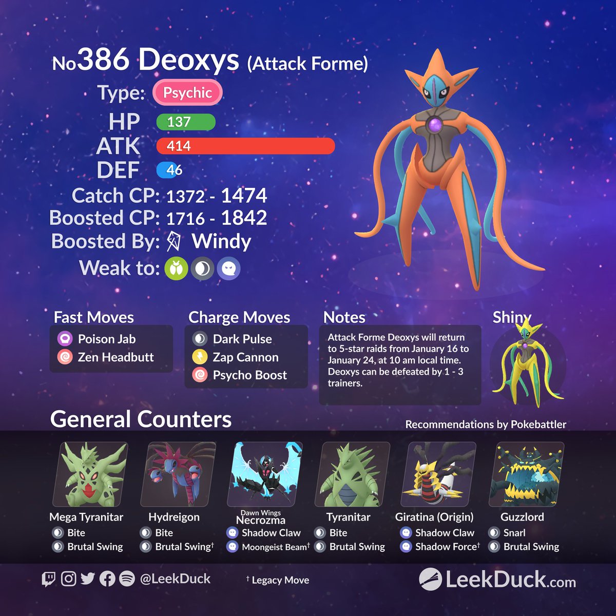 LeekDuck's tweet image. Attack Forme Deoxys and Defense Forme Deoxys return to 5-star raid battles from January 16 to January 24, 2025, at 10 am local time. 

Join global raids with Raid NOW:  
🥊 raidnow.leekduck.com