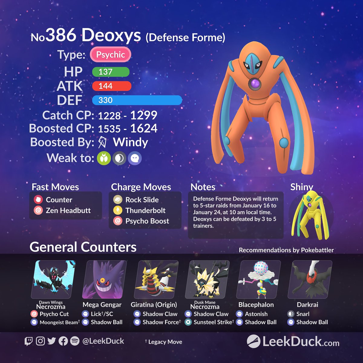 LeekDuck's tweet image. Attack Forme Deoxys and Defense Forme Deoxys return to 5-star raid battles from January 16 to January 24, 2025, at 10 am local time. 

Join global raids with Raid NOW:  
🥊 raidnow.leekduck.com