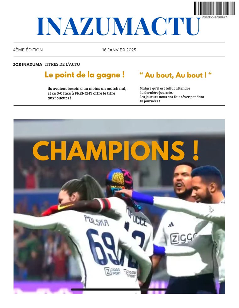 🚨INAZUMACTU🚨

En effet, c’est une actu particulière car elle sort normalement le dimanche.
Mais une info de dernière minute vient de tomber ! 

Le club vient d’obtenir un titre de champion en <a href="/vf_leagues/">FSL</a> !🥳

Bravo au staff et aux joueurs, pour ce travail quotidien ! 🔥🤝🏻