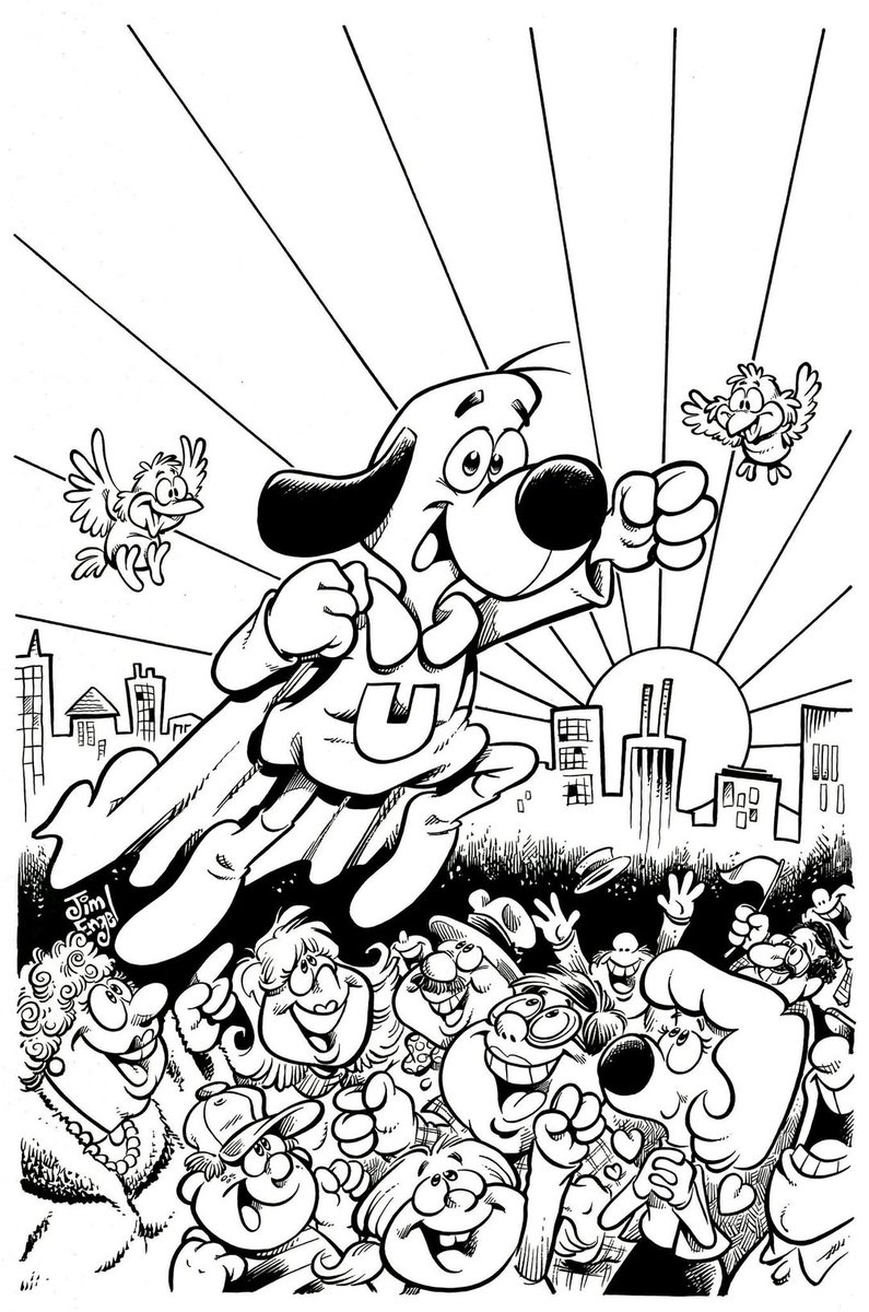 GregBruhl3's tweet photo. Jim Engel's late great friend, Gary Ricker & Jim's cameo in the crowd on an unpublished UNDERDOG cover done for Spotlight Comics (who went under before this was to be published).
#UnderDog
#JimEngel
#Art https://t.co/HRj2BLa1ct
