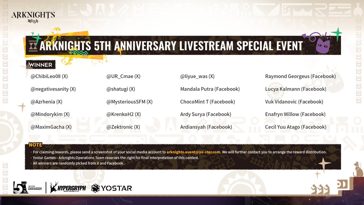Dear Doctor, here are the 20 winners of the Arknights 5th Anniversary Livestream Special Event. Let's congratulate them all! Thank you for watching the livestream and participating in the event!

#Arknights #Yostar #ArknightsLivestream #Arknights5thAnniv