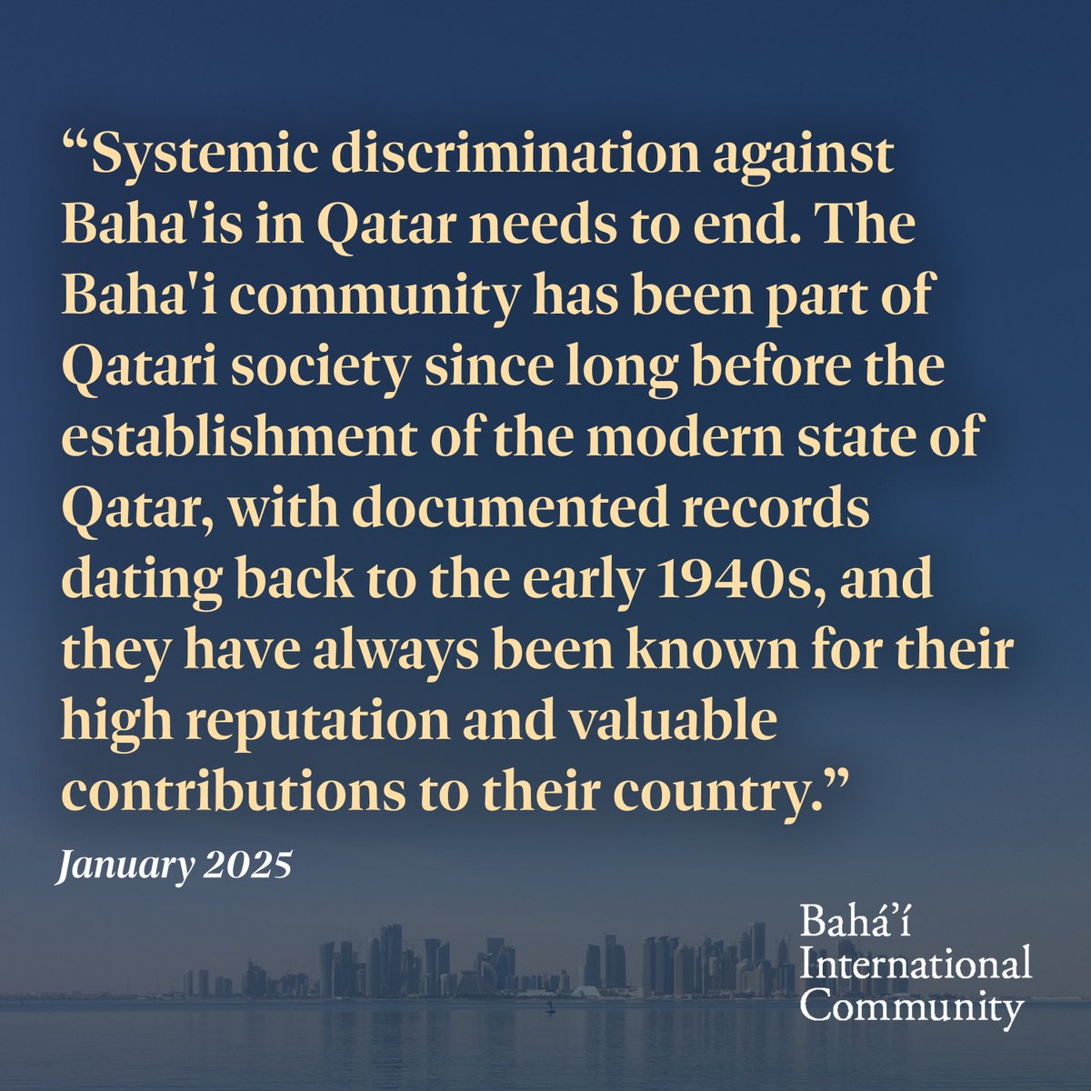 Systemic discrimination against Baha'is in #Qatar needs to end. The unjust detention of Remy Rowhani, a highly respected citizen and a member of Qatar’s elected Baha'i governing body, underscores the urgency of addressing these issues. The Baha'i community has been part of Qatari