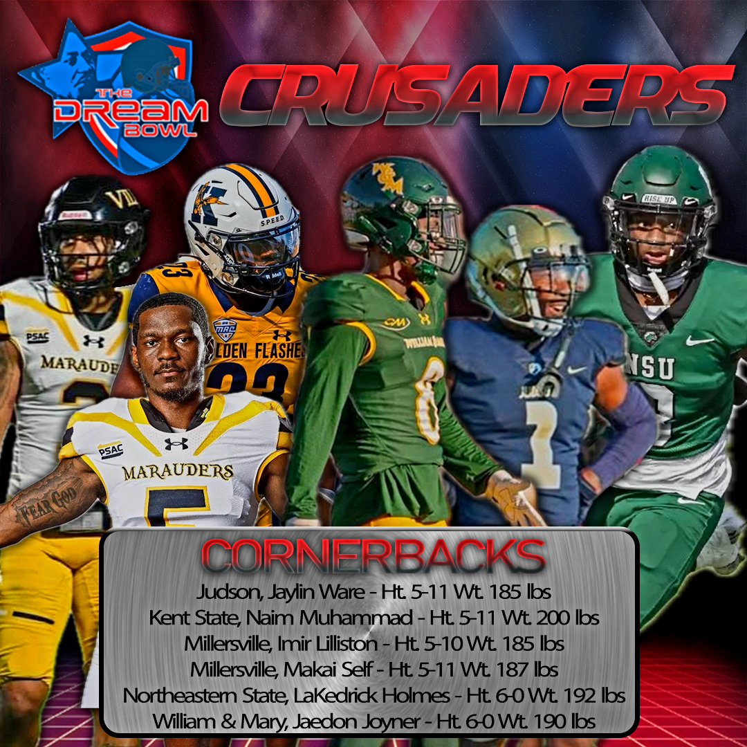 The Dream Bowl (@thedreambowl) on Twitter photo Meet the #DBCrusaders CBs! 🔥
Jaylin Ware <a href="/jaylin_ware20/">Clamps 🗜❌🙅🏾♂️</a> <a href="/JudsonUfootball/">Judson Football</a>
Naim Muhammad <a href="/_thedream1/">Naim Muhammad</a> <a href="/KentStFootball/">Kent State Football</a>
Imir Lilliston <a href="/VILLEfb/">VilleFootball</a>
Makao Self <a href="/makai_self/">M. Self</a> <a href="/VILLEfb/">VilleFootball</a>
LaKedrick Holmes <a href="/LKedrick1/">laKedrick ⚡️</a> <a href="/NSU_Football/">Northeastern State Football</a>
Jaedon Joyner <a href="/WMTribeFootball/">William & Mary Tribe Football</a>
<a href="/DraftDiamonds/">Draft Diamonds ™️</a> #DreamBowl Meet the #DBCrusaders CBs! 🔥
Jaylin Ware <a href="/jaylin_ware20/">Clamps 🗜❌🙅🏾♂️</a> <a href="/JudsonUfootball/">Judson Football</a>
Naim Muhammad <a href="/_thedream1/">Naim Muhammad</a> <a href="/KentStFootball/">Kent State Football</a>
Imir Lilliston <a href="/VILLEfb/">VilleFootball</a>
Makao Self <a href="/makai_self/">M. Self</a> <a href="/VILLEfb/">VilleFootball</a>
LaKedrick Holmes <a href="/LKedrick1/">laKedrick ⚡️</a> <a href="/NSU_Football/">Northeastern State Football</a>
Jaedon Joyner <a href="/WMTribeFootball/">William & Mary Tribe Football</a>
<a href="/DraftDiamonds/">Draft Diamonds ™️</a> #DreamBowl