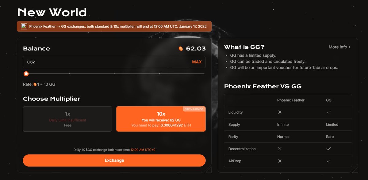Selamlar arkadaşlar,

#tabichain GG tokene dönüştürme 17 Ocak tarihi ile sona eriyor.

Elinizde bulunan Phoenix Feather'ları GG dönüştürün.

Link: tabi.lol/new-world

GG dönüşümden sonra mint için TABİV2 ağından faucet gerekli bunun için faucet link aşağı bırakıyorum.