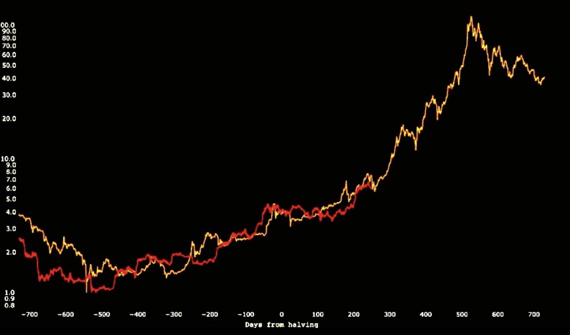 TheBTCTherapist's tweet photo. Orange line is the last time Trump took office. Red line is where Bitcoin is currently at.

It’s about to get fucking crazy. https://t.co/0SzCwpZVxw