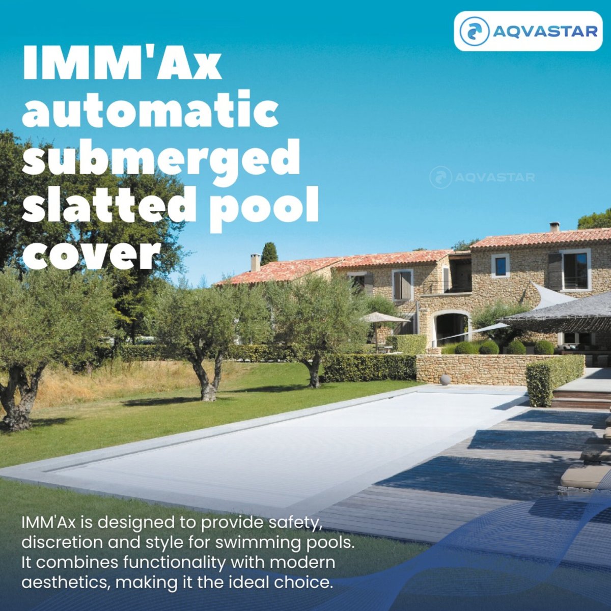 aqvastar's tweet photo. 🏊 Upgrade your pool with the IMM'Ax submerged slatted cover! Stylish, safe, and smart with smartphone control, slow mode, water-level &amp; motor safety.🌊 Convenience meets elegance.🏡✨
Visit us: https://t.co/XRfTTPo2me
#aqvastar #swimmingpool #poolcover #automaticpoolcover #pool https://t.co/1Hy5WFCgHU