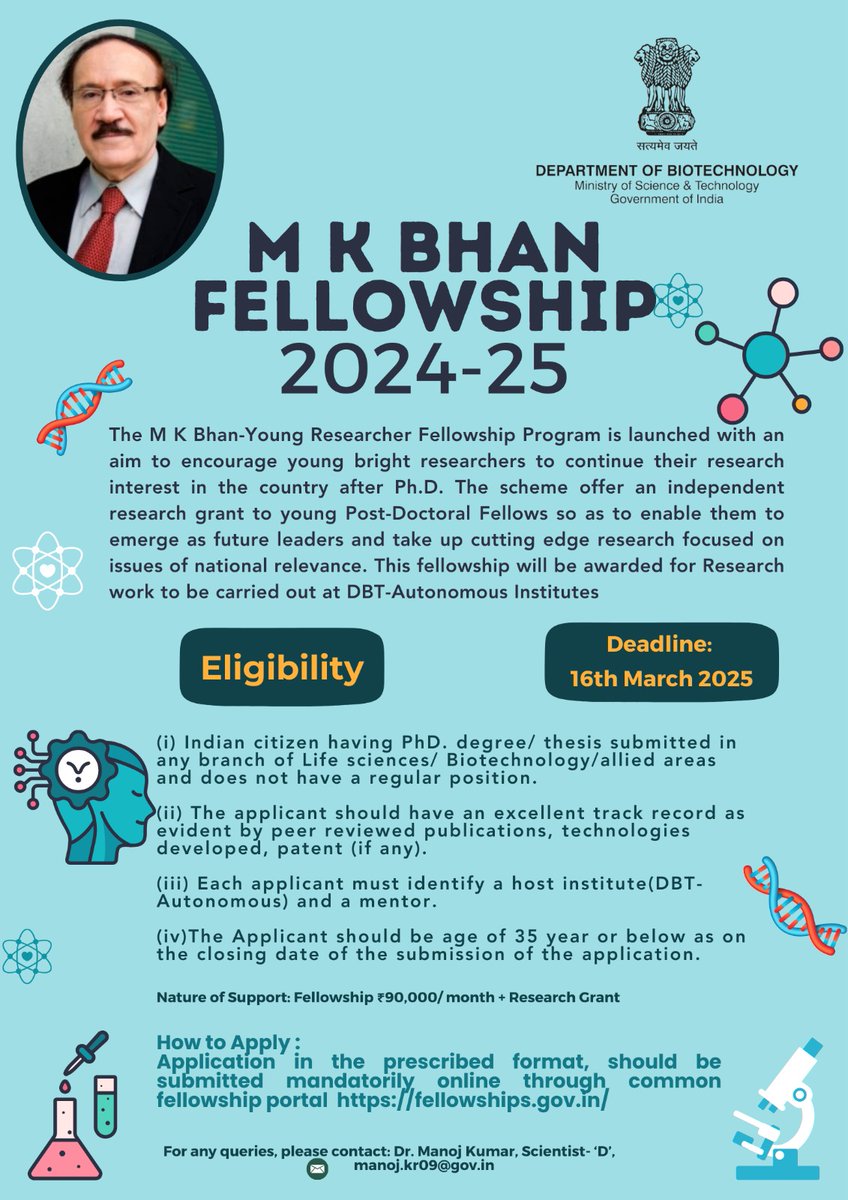 SciCommIndia ๐ฎ๐ณ (@scicomm_india) on Twitter photo ๐ข <a href="/DBTIndia/">Department of Biotechnology</a> invites applications for the prestigious MK Bhan #Fellowship!
๐ Apply now: fellowships.gov.in/documents/dbt_โฆ
๐ Learn more: fellowships.gov.in
๐๏ธ Deadline: 16th March 2025
#MKBhanfellowship ๐ข <a href="/DBTIndia/">Department of Biotechnology</a> invites applications for the prestigious MK Bhan #Fellowship!
๐ Apply now: fellowships.gov.in/documents/dbt_โฆ
๐ Learn more: fellowships.gov.in
๐๏ธ Deadline: 16th March 2025
#MKBhanfellowship