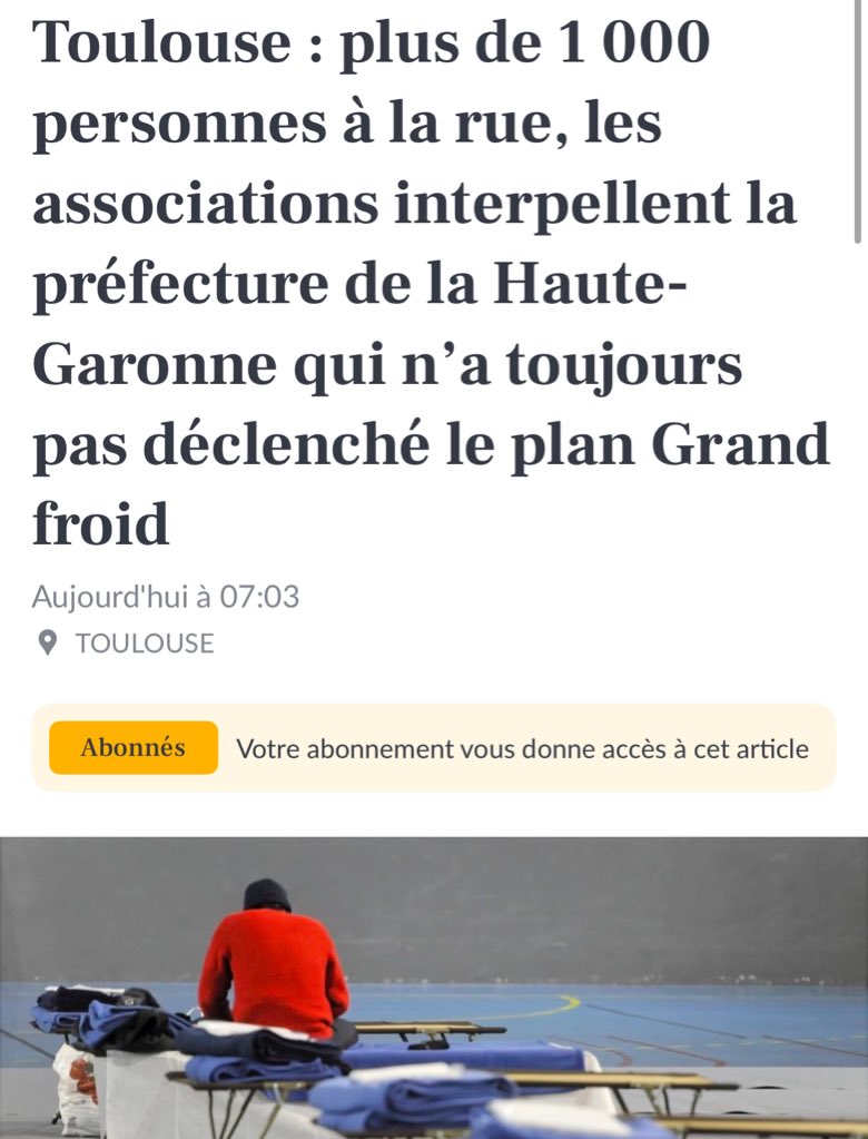 FraPiquemal's tweet photo. À Toulouse comme ailleurs la situation est catastrophique! 

Une personne y est déjà morte du froid cet hiver. 

La Préfecture doit déclencher le plan grand froid maintenant! https://t.co/KQyliPC8Ki