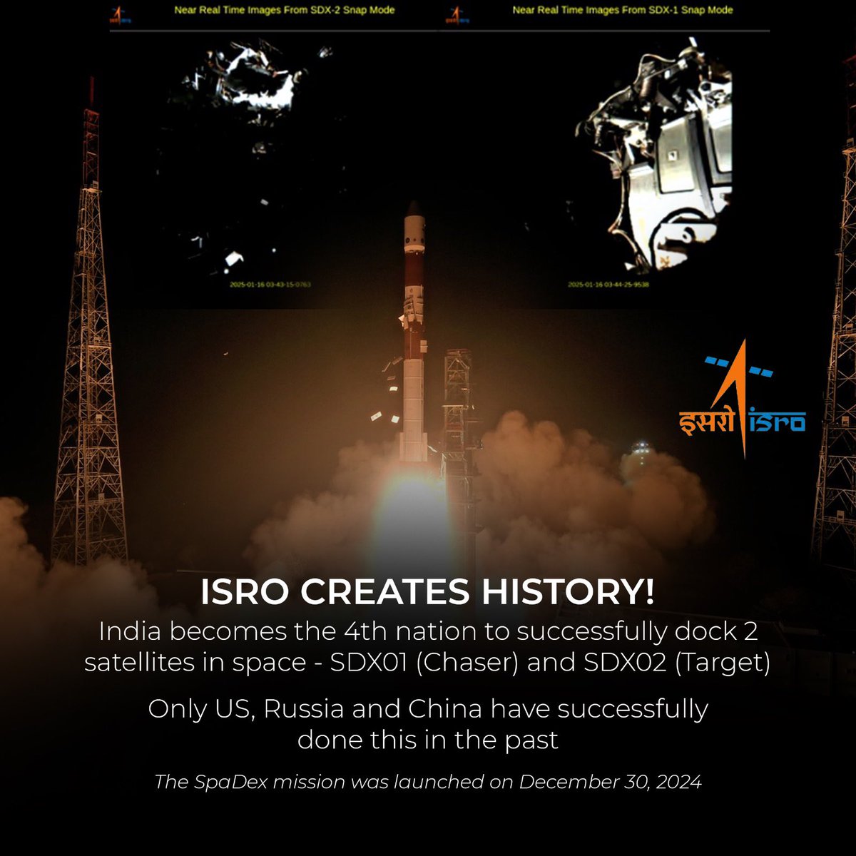 PiyushGoyal's tweet photo. Space docking of satellites is a landmark achievement for India in its space journey. Thanks to #ISRO and our hard-working scientific community for this significant milestone!

This achievement will act as a catalyst for further advancements and pave the way for greater accomplishments in the space sector.