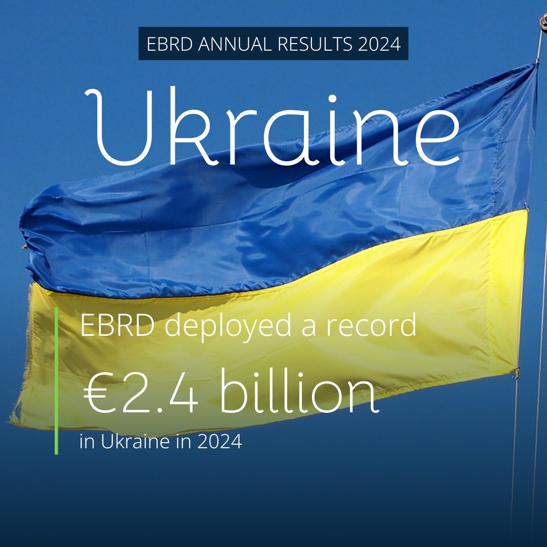 EBRD's tweet photo. We deployed a record amount of nearly €2.4 billion in Ukraine last year, following a €2.1 billion total in 2023.  

We’ve made nearly €6.2 billion available to wartime Ukraine since the full-scale Russian invasion of February 2022. 

https://t.co/o9LiKFjxXZ https://t.co/X8eN1pJLYd