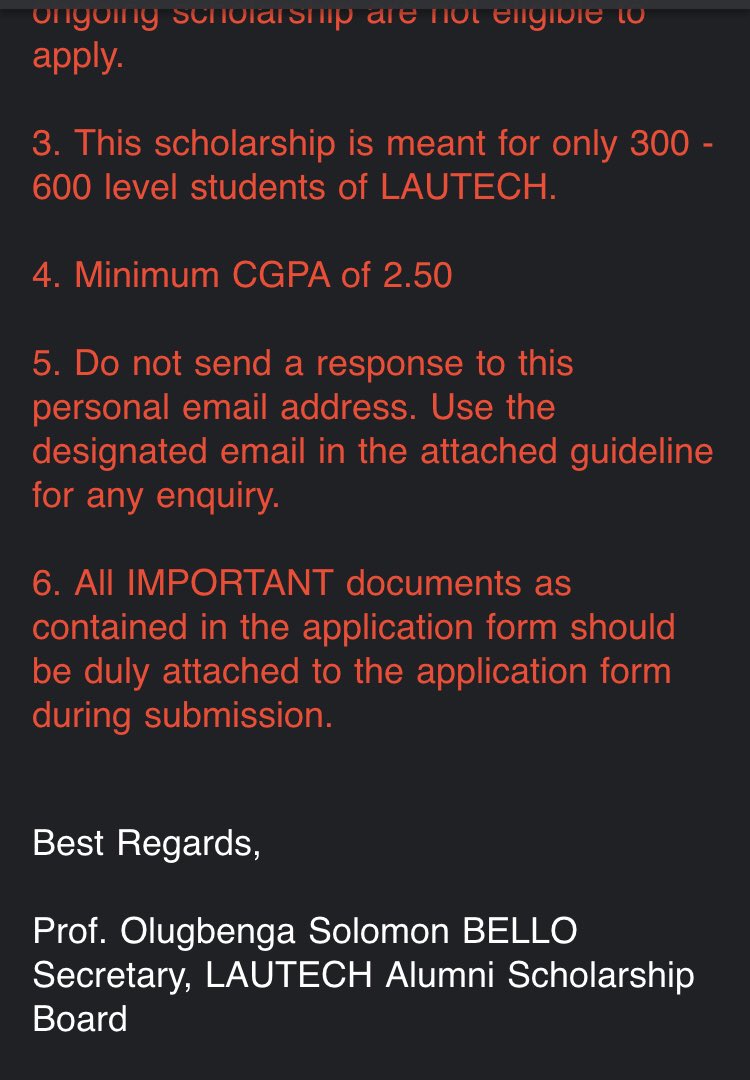 LAUTECH release update on the LAUTECH Alumni Association Scholarship for Indigent Undergraduate Students of LAUTECH.

#proudlylaokite #UCJLAUTECH #LAUTECHupdate