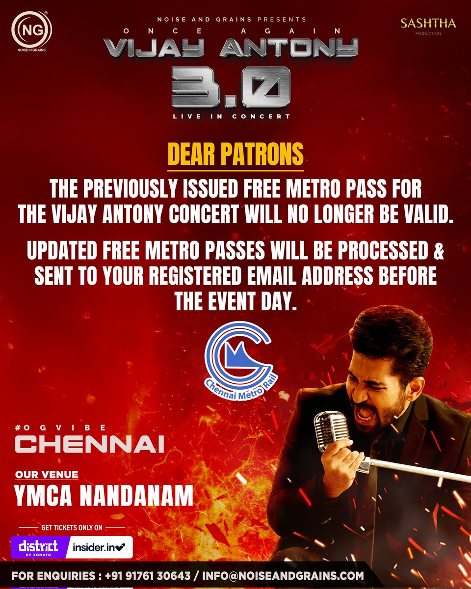 Your Ticket Covers Both Metro🚇 &amp; Music🎶

This is to inform you that the previously issued free metro pass for the Vijay Antony concert will no longer be valid.

Updated free metro passes are being processed and will be sent to your registered email address before the event day.