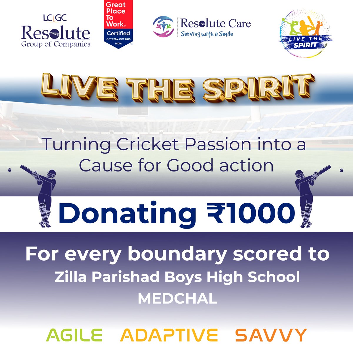 Resolute_GOC's tweet photo. We're proud to combine circket passion with purpose by contributing to the greater cause. For every boundary scored, we will donate ₹1000 to Zilla Parishad Boys High School, Medchal.
#ResoluteCricket #ResoluteForEducation #ResoluteCare #ZillaParishad #ODMLeader #Resolute25 https://t.co/7WHENZW4VT