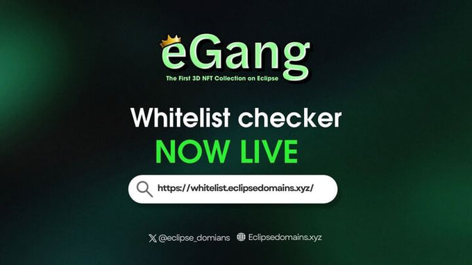 Ecp_Domains's tweet photo. 𝐞𝐆𝐚𝐧𝐠👑𝐖𝐡𝐢𝐭𝐞𝐥𝐢𝐬𝐭 𝐂𝐡𝐞𝐜𝐤𝐞𝐫 𝐢𝐬 𝐨𝐟𝐟𝐢𝐜𝐢𝐚𝐥𝐥𝐲 𝐥𝐢𝐯𝐞!🔥

Head over now to check your whitelist status and claim your spot in making history with eGang👑first-ever 3D NFT collection on Eclipse.

🔗: https://t.co/5hijCXqcTV https://t.co/TiJg6LsqVF