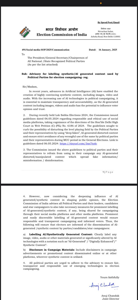 Aditi Agrawal (@aditi_muses) on Twitter photo Now: ECI instructs political parties to label all content generated/altered using AI, or content that is digitally altered/enhanced.
<a href="/htTweets/">Hindustan Times</a> Now: ECI instructs political parties to label all content generated/altered using AI, or content that is digitally altered/enhanced.
<a href="/htTweets/">Hindustan Times</a>