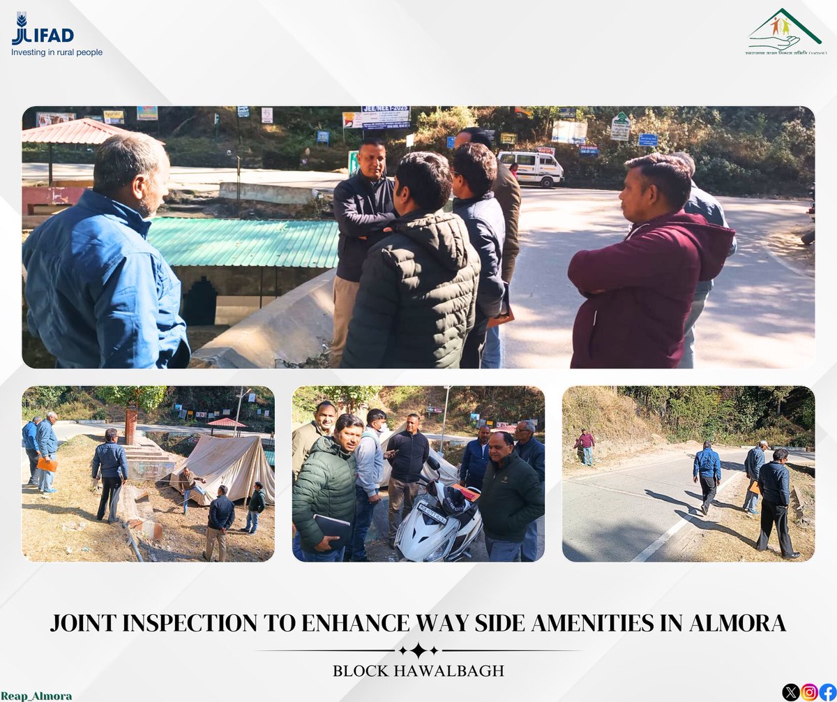 Joint inspection under the "Way Side Amenities" initiative in Almora assessed facility development along key routes. Participated by DPMU, it involved departments like PWD, National Highways, Revenue, Forest, &amp; Municipal Corporation.
<a href="/REAPUttarakhand/">REAP Uttarakhand</a>