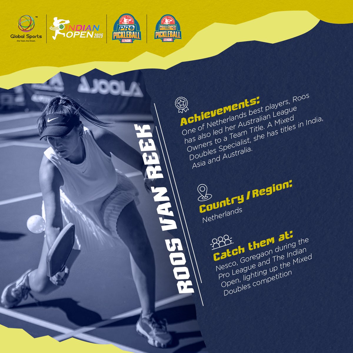 htTweets's tweet image. Roos Van Reek is coming to Mumbai for the Pro League &amp;amp; Indian Open! A Mixed Doubles specialist with wins in India, Asia, and Australia, watch her light up the courts with her charm and skill. 

#GlobalSports #IndianOpen2025 #PickleballChampion 
@globalsportspb