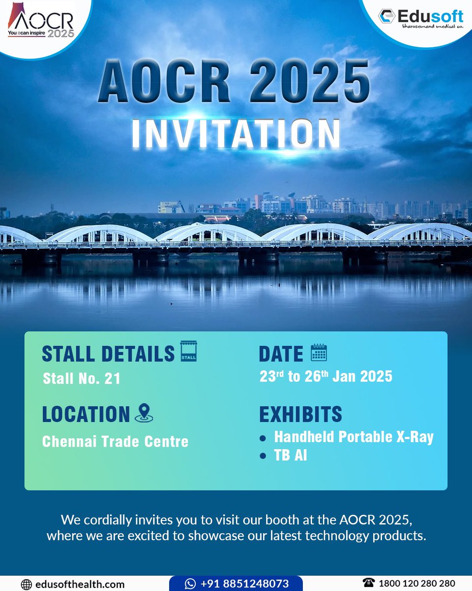 Edusoft_Health's tweet photo. Be part of the revolution in TB diagnosis at #AOCR 2025!🌟
📍 Stall No. 21, Chennai Trade Centre
🗓️ 23rd - 26th January 2025
🔍 Discover innovations like:
- Handheld Portable X-Ray Machine
- TB AI Integration
Join us to explore how we’re shapingthe fight against TB!
#TBAI https://t.co/BOm9TYWwkT