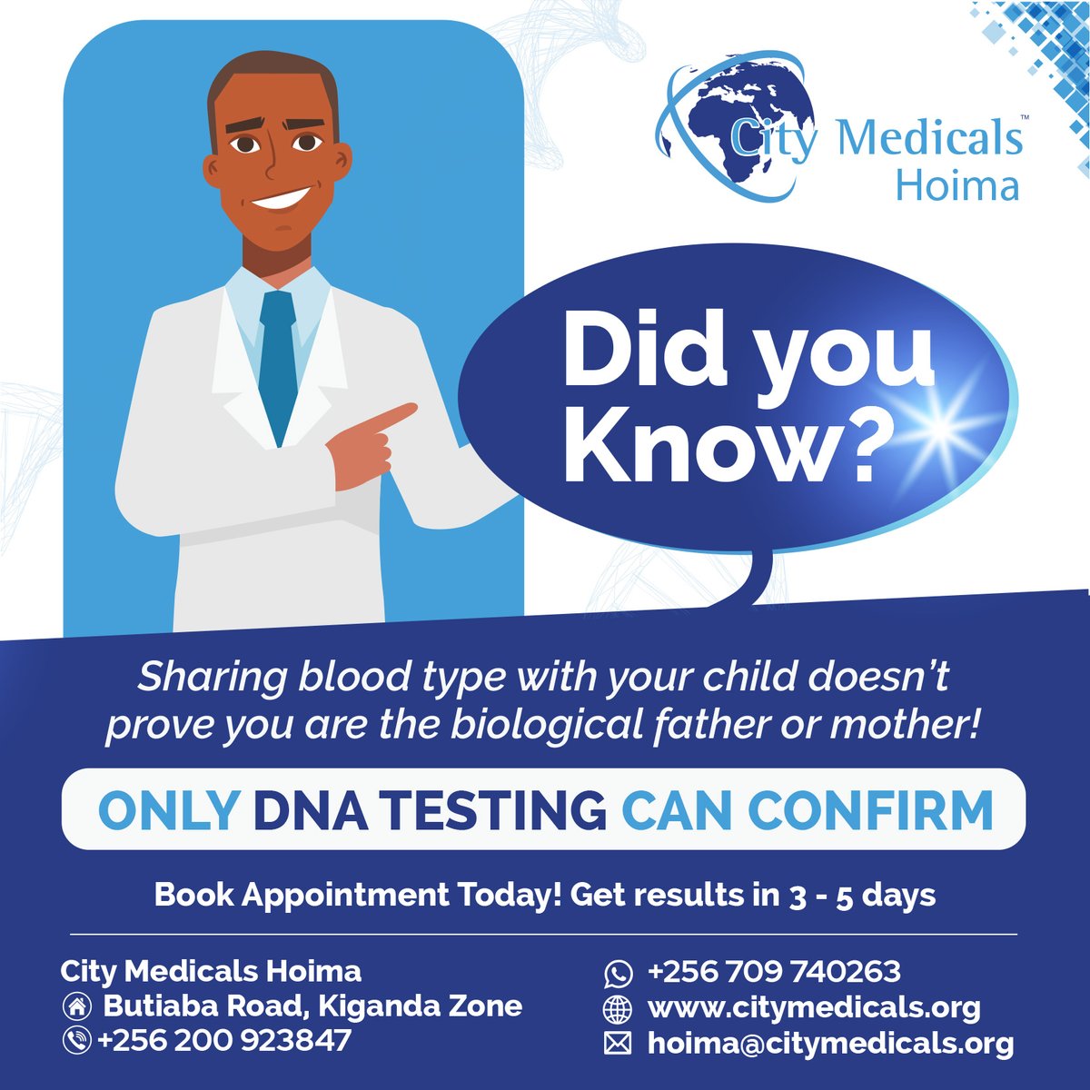 CMedicalshoima's tweet photo. Did you know? Sharing a blood type with your child doesn’t confirm biological parentage, as many individuals can have the same blood type. For accurate confirmation, only DNA testing can provide the answer. #DNATesting #PaternityTesting #MaternityTesting https://t.co/hV0CcH5659