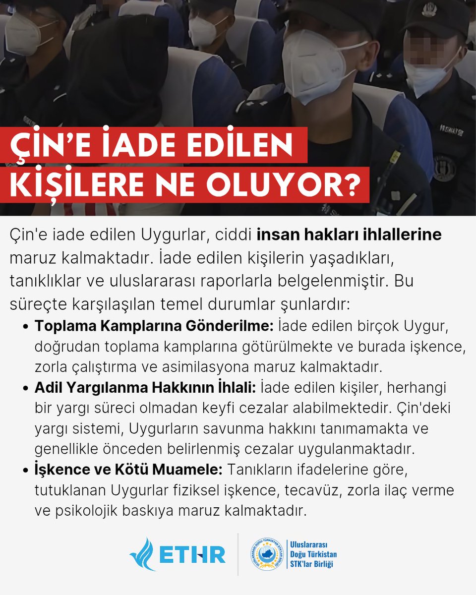 Çin'in uyguladığı baskıcı politikalardan dolayı yurtdışında yaşamak zorunda kalan Uygurlar, kimi zaman iade edilme tehlikesi ile karşı karşıya kalıyor. Peki ya iade edilen Uygurların başına neler geliyor? Kısa bir şekilde anlattık 👇🏻