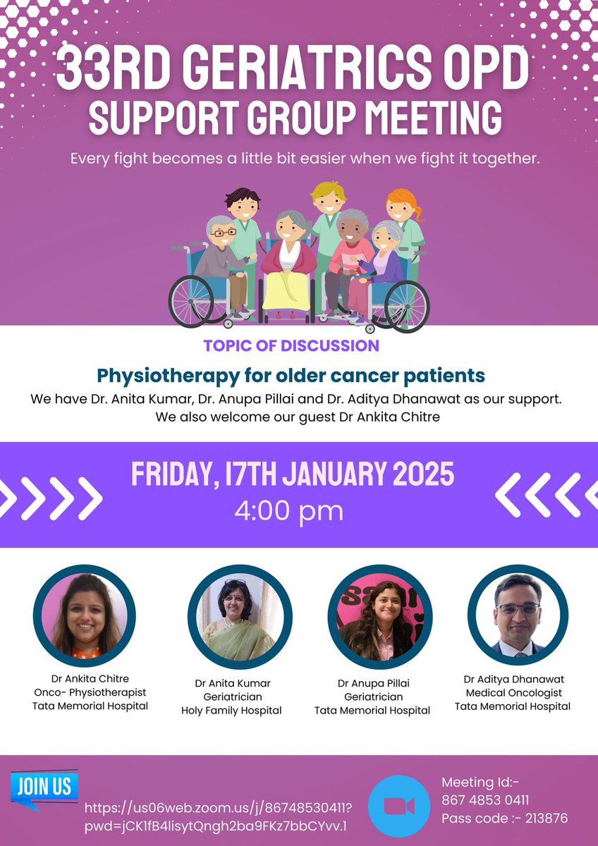 "Empowering older cancer patients through movement and care! 💪🏽

Join our Geriatric OPD Support Group meeting to learn about the vital role of physiotherapy in supporting cancer recovery and improving quality of life.  #CancerCare #GeriatricPhysiotherapy #geriatriconcology