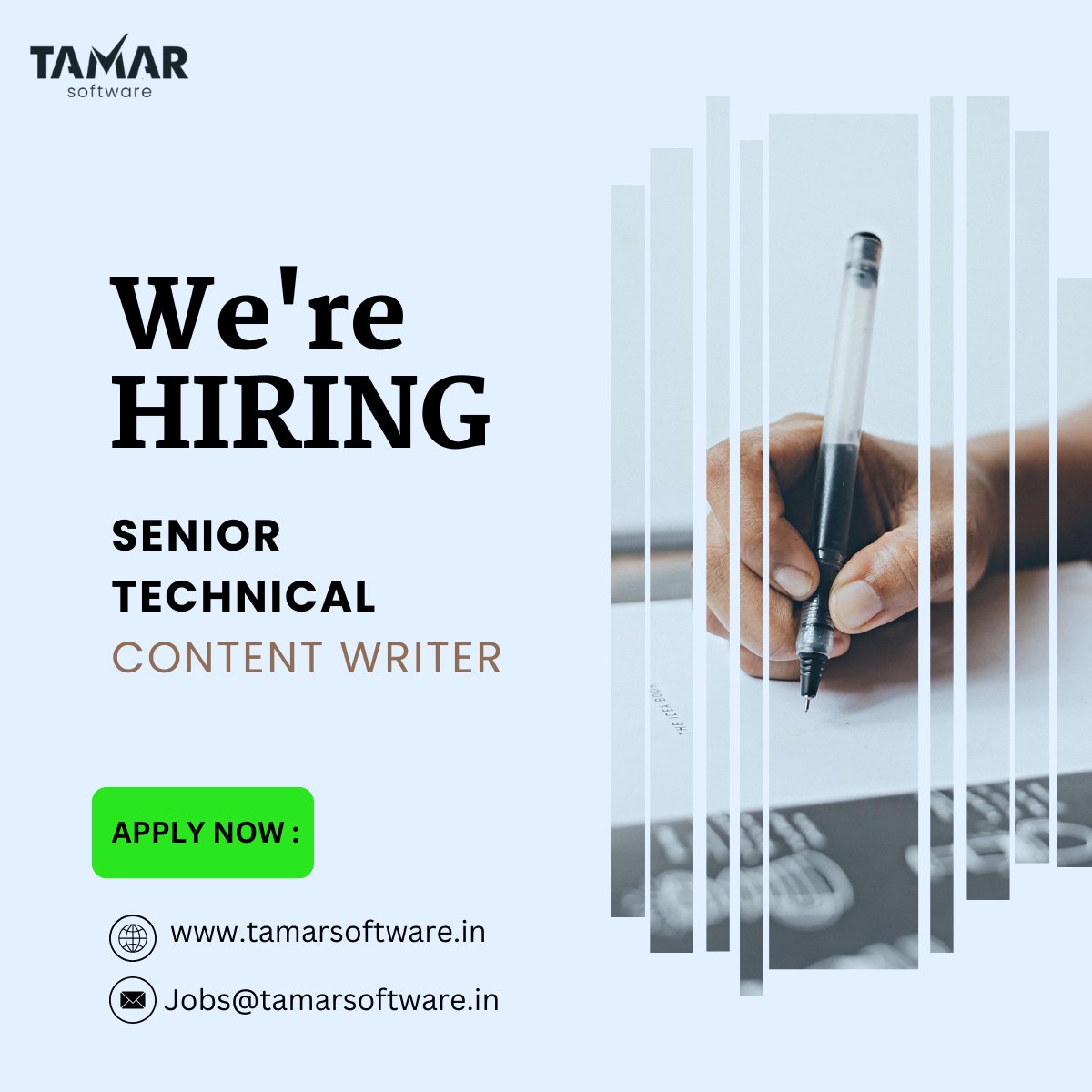 We are #hiring for Senior Technical Content Writer at our Noida location. Apply today or spread the word by sharing this post with your network. 

Location: Onsite
Experience: 2+ years
To Apply:  jobs@tamarsoftware.in

#cfbr #SeniorTechnicalContentWriter #ContentWriter #Jobs