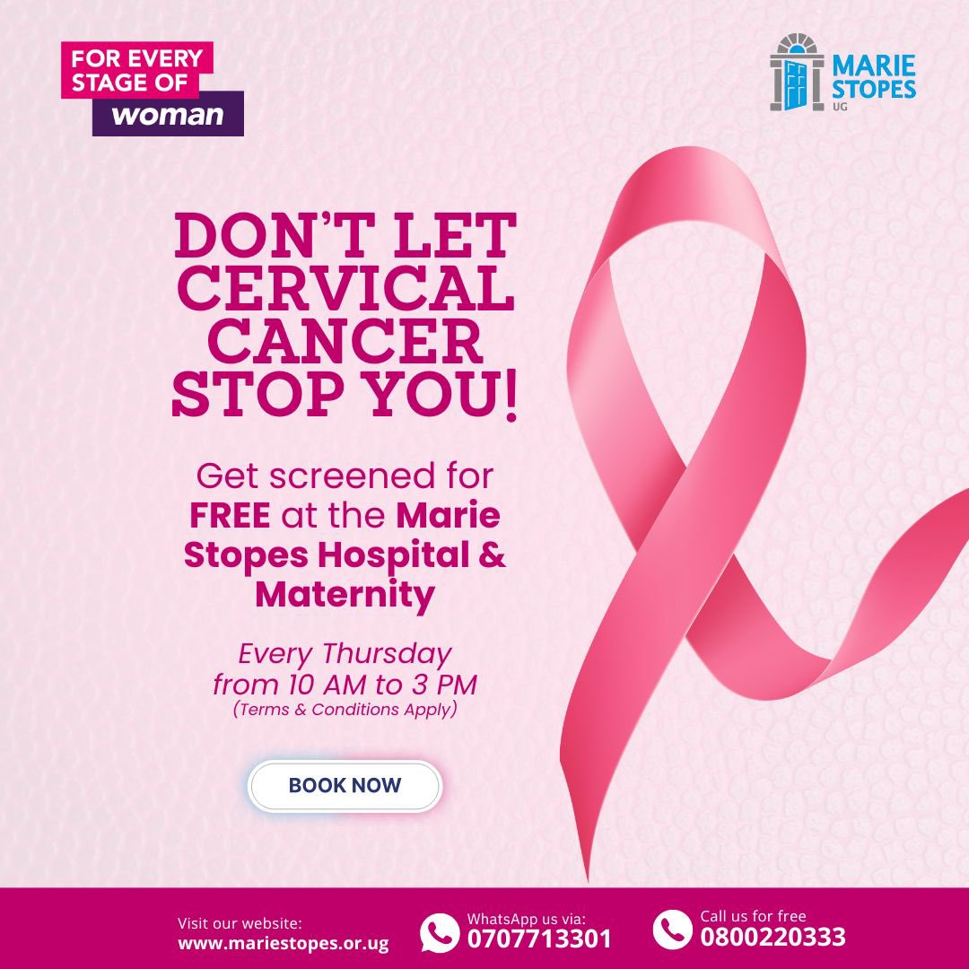 Hello friends, today is Thursday, and <a href="/MarieStopesUg/">Marie Stopes UG</a> hospital is offering FREE CERVICAL CANCER SCREENING.

Note this is happening at the Hospital located at Forest mall, Lugogo bypass,,, please come get checked, bring all your friends, your sisters, your aunties. Mommas too..