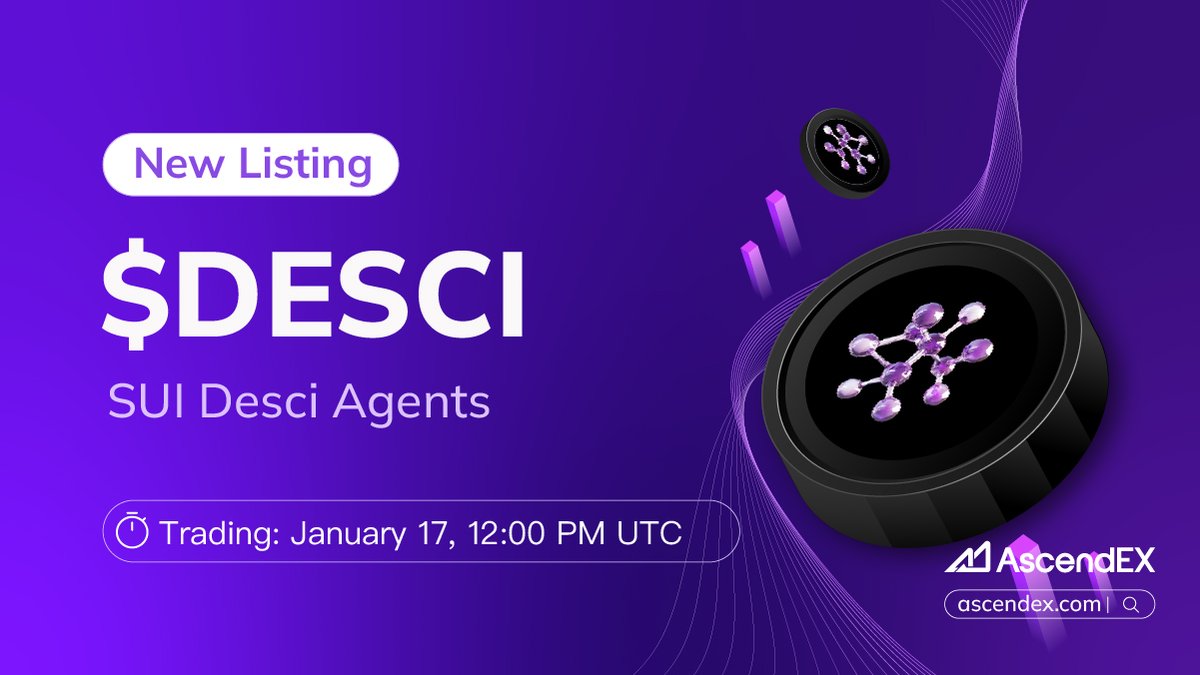 AscendEX_'s tweet photo. 🚀 #AscendEX is thrilled to announce the @DeSci_Agents ( $DESCI ) listing under the trading pair $DESCI/USDT. Details are as follows:

✅Deposit: January 16, 12:00 PM UT
✅Trading: January 17, 12:00 PM UTC
✅Withdrawal: January 18, 12:00 PM UTC

👀 More Details👉https://t.co/qCb2zpeIom
🔗 Trade Now👉 https://t.co/c6hC9ODBYI
👥 Join our official group👉 https://t.co/17FuV2k15z

AscendEX: Ascend in Trading, Lead in Memes🚀✨

#AscendEX #Crypto #DESCI