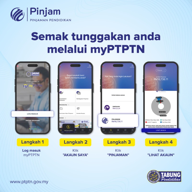 PTPTNOfficial's tweet photo. Anda tak tahu berapa tunggakan anda? ​

Senang je, lakukan semakan di myPTPTN dengan hanya 4 langkah mudah.​

Log masuk myPTPTN anda sekarang.​

​#LestariPendidikan​
#PTPTNSediaBantu​
#PTPTNBolehBincang