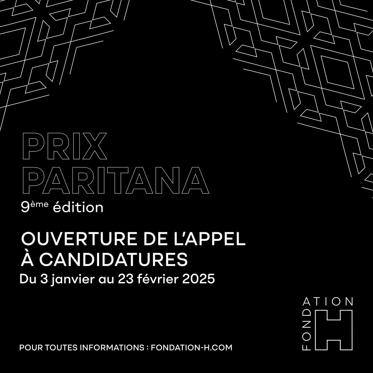 🔥Lancement de la 9ème édition du Prix Paritana
- Pour candidater : forms.gle/pfdfBmJ7RUgDVZ… 
- Pour s'inscrire à la formation : forms.gle/ENxmPykeotKcfJ… 
- Pour en savoir plus sur le Prix Paritana : fondation-h.com/programmes-fr/…

#fondationH #PrixParitana