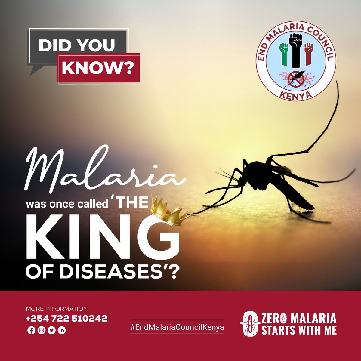EndMalariaKenya's tweet photo. Malaria, once dubbed the "King of Diseases," was one of the deadliest diseases in human history, claiming millions of lives. Let's celebrate the progress in the fight against malaria and continue raising awareness about its prevention and treatment. #EMCKenya #ZMSWM https://t.co/YEn7FZ2lXs
