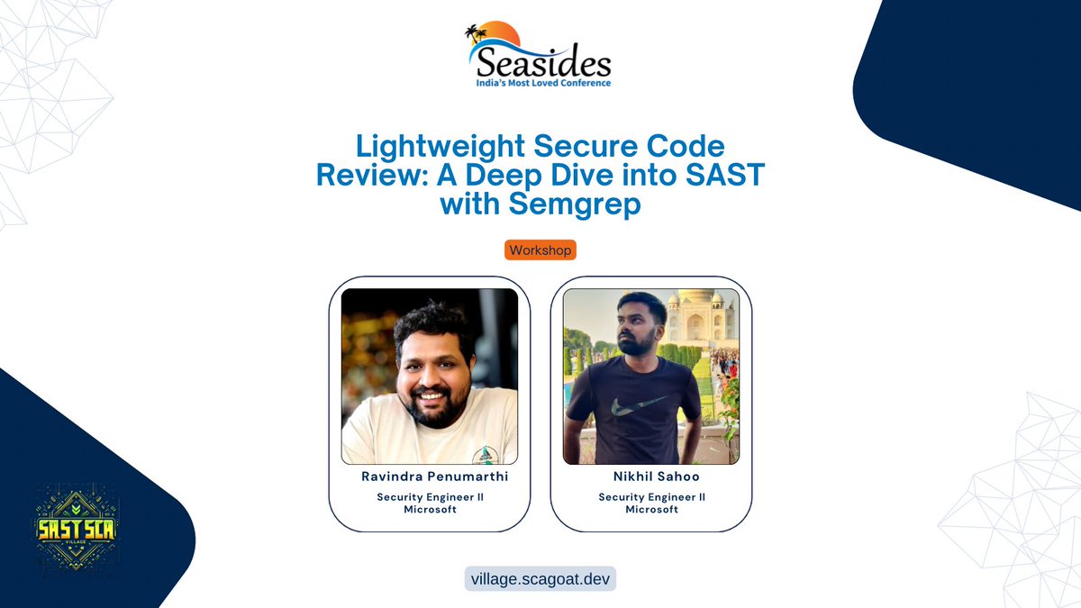 Harekrishna Rai (@harekrishna_rai) on Twitter photo 🎯 Secure Code Review Workshop @ SAST SCA Village | <a href="/seasides_conf/">Seasides</a> 2025!
“Deep Dive into SAST with Semgrep” w/ <a href="/ravindrapsharma/">Ravindra Penumarthi</a> & <a href="/nikhilsahoo1232/">Nikhil Sahoo</a> (Security Engineers <a href="/Microsoft/">Microsoft</a> ).
🗓️ Dates: 21-22 Feb 2025
🔗 village.scagoat.dev
#hacking #CyberSec #SecureCoding #AppSec 🎯 Secure Code Review Workshop @ SAST SCA Village | <a href="/seasides_conf/">Seasides</a> 2025!
“Deep Dive into SAST with Semgrep” w/ <a href="/ravindrapsharma/">Ravindra Penumarthi</a> & <a href="/nikhilsahoo1232/">Nikhil Sahoo</a> (Security Engineers <a href="/Microsoft/">Microsoft</a> ).
🗓️ Dates: 21-22 Feb 2025
🔗 village.scagoat.dev
#hacking #CyberSec #SecureCoding #AppSec