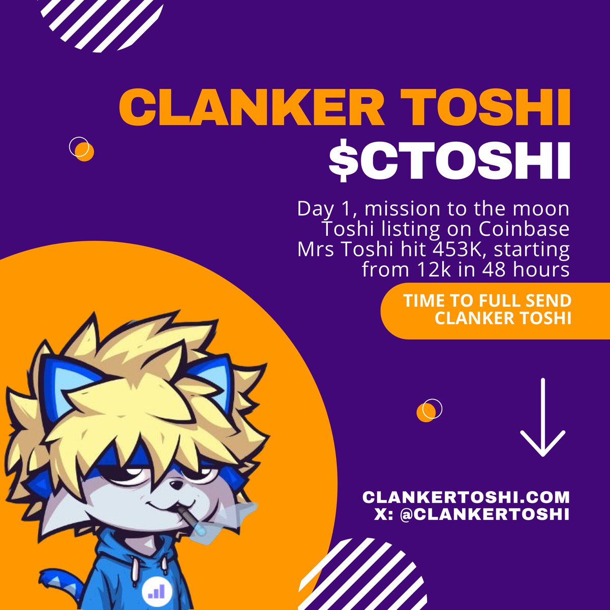 🔥 $TOSHI Memes Making Waves! 🔥

Toshi lists on CB and CDC! 🎉

Mrs. Toshi, his amazing GF, smashed a ATH of $453.89K mc. 👑

Now it’s time for Clanker Toshi to take center stage! 🌟 

Lit website and being only a day old, $CTOSHI is already sitting strong at $38K market cap💎🙌