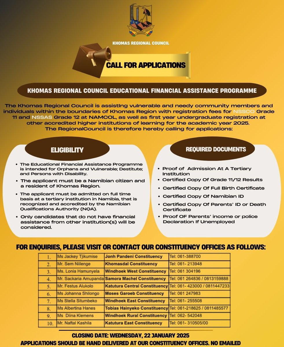 Applications for the Khomas Regional Council “Educational Financial Assistance Programme”are NOW OPEN! 📌📢