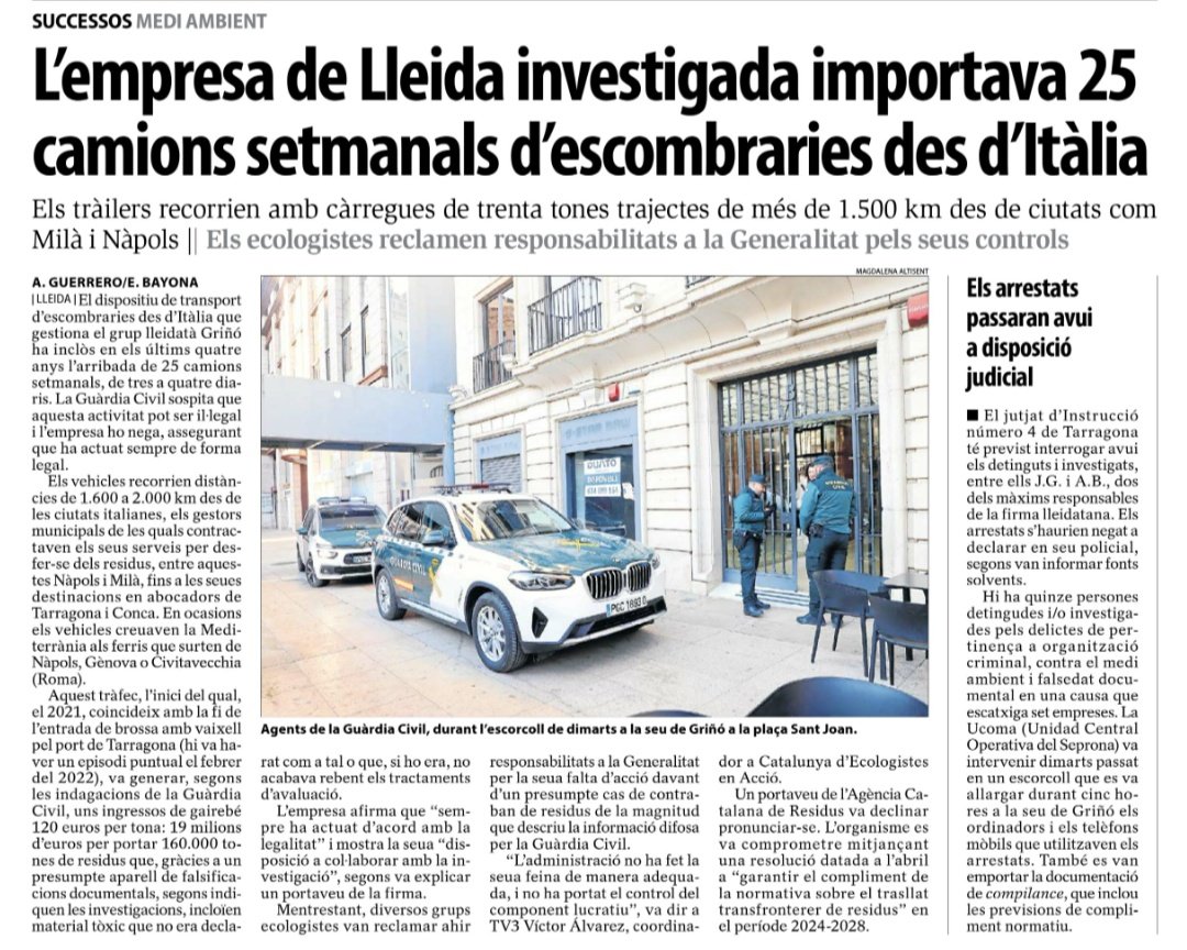 GRIÑÓ, el màxim exponent del model amb el que volen especialitzar les comarques de Ponent: gestionar residus (també important-los) i produir energia per exportar-la. Un negoci molt rendible controlat per grans capitals i fons d'inversió per un costat i crim organitzat per l'altre