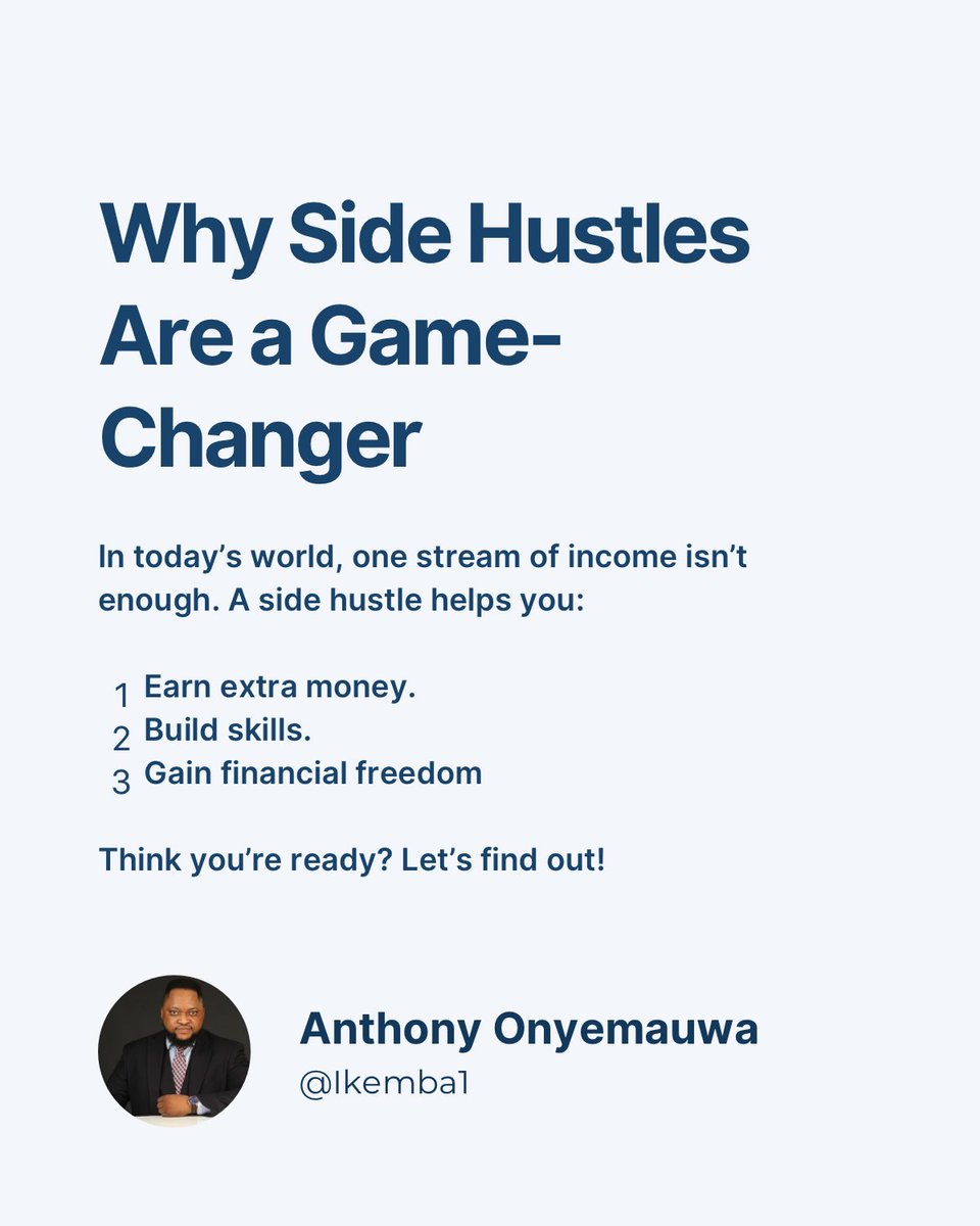 ikemba's tweet image. Are you tired of depending exclusively on your 9 - 5?

Let’s see if you’re ready to take the leap! 

Here are 5 signs that show that you are ready for a side hustle. 

A THREAD

#multiplestreamsofincome #sidehustle #startup